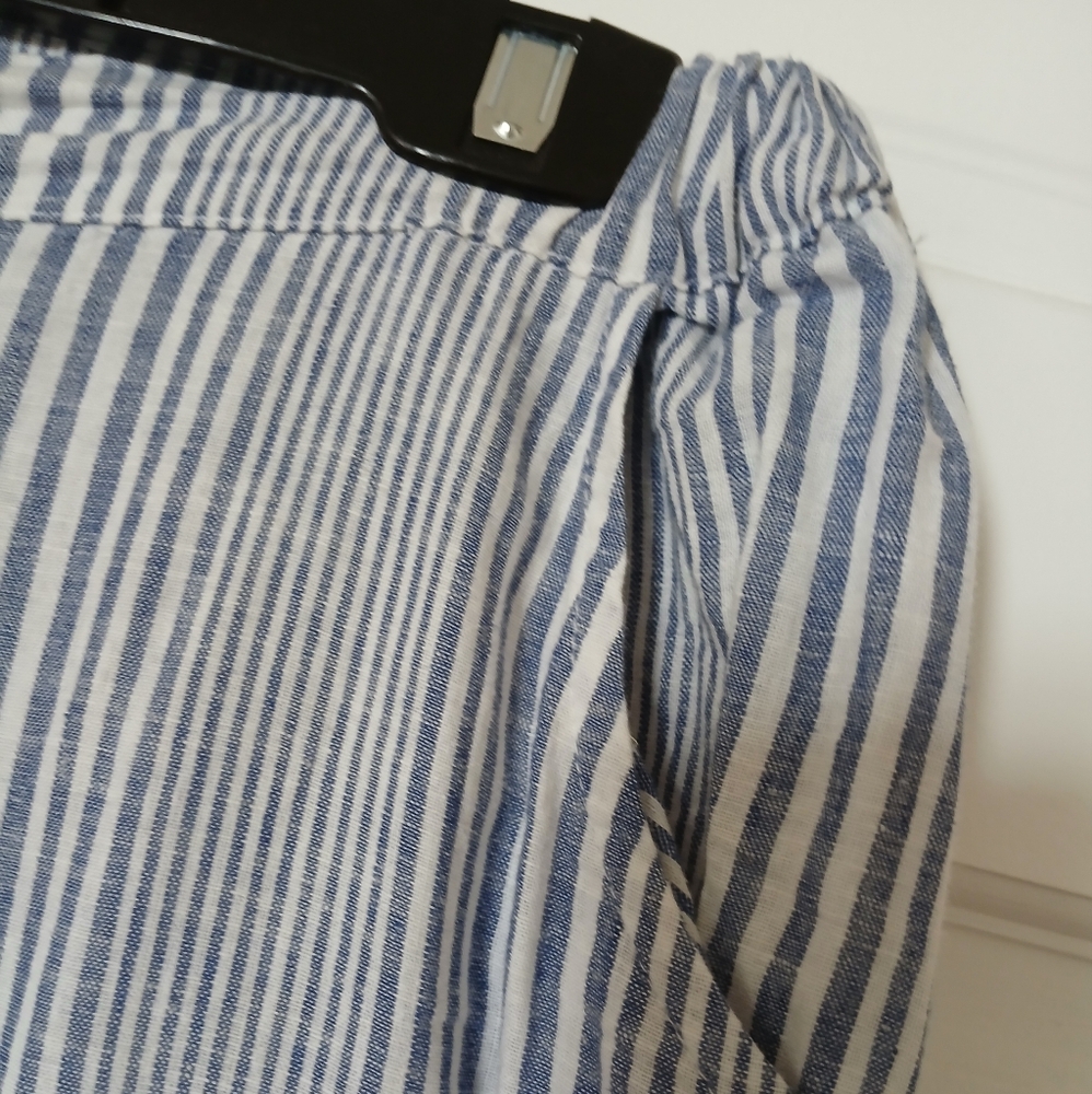 Striped Blue White Wiide Leg, 55% Linen 45% Cotton Elastic Waist Pants - Picture 4 of 10